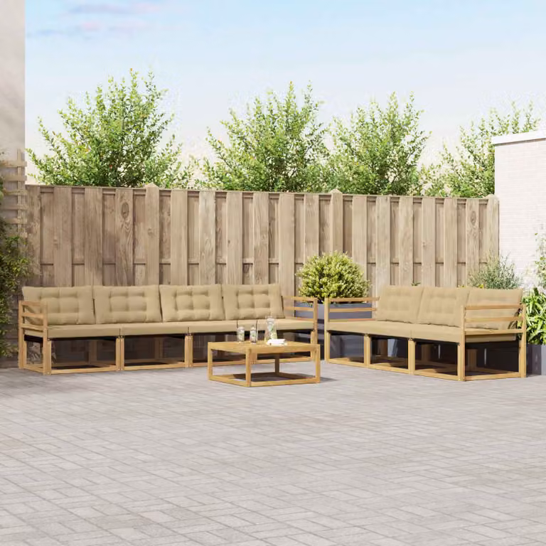 vidaXL Set di divani da esterno 8 pz a forma di U in legno di acacia con tavolino e cuscini, Bianco e Beige