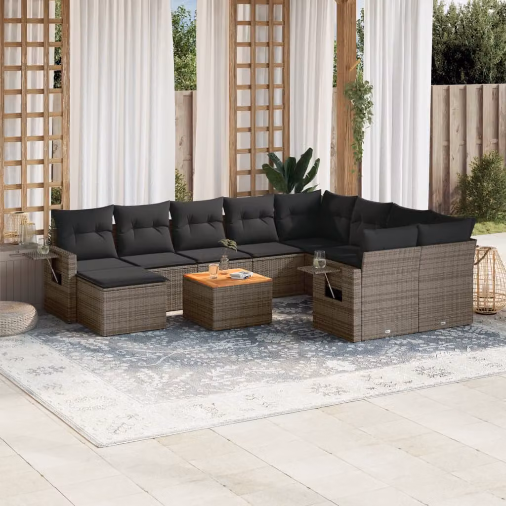 vidaXL Set Divani da Giardino 11 pz in Polyrattan Grigio con Cuscini e Tavolino da Esterno – 1