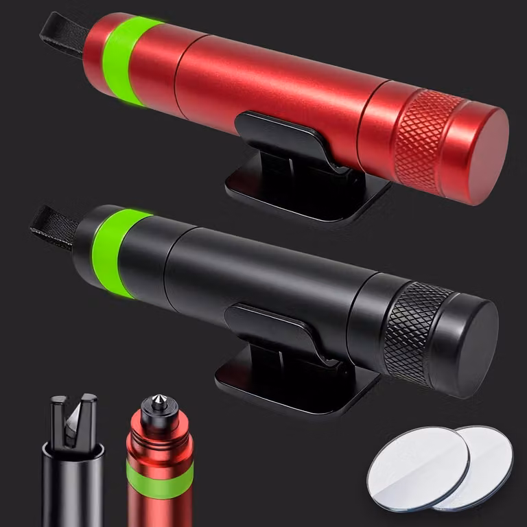 2x Martello di emergenza per auto con taglia-cinture, auto-illuminante, 2-in-1: martello di emergenza, rompi vetro con vetro di prova
