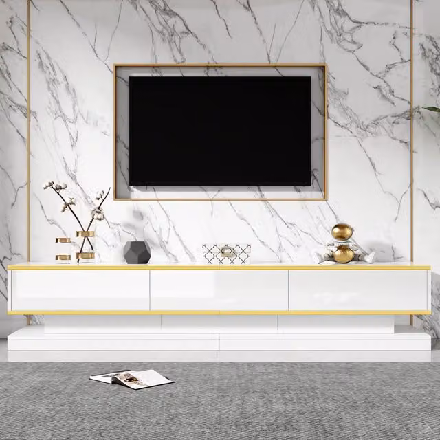Mobile TV Mivray moderno in MDF bianco con bordi dorati, dotato di 3 cassetti a pressione e vani aperti, L/P/H: 200 x 40 x 40 cm