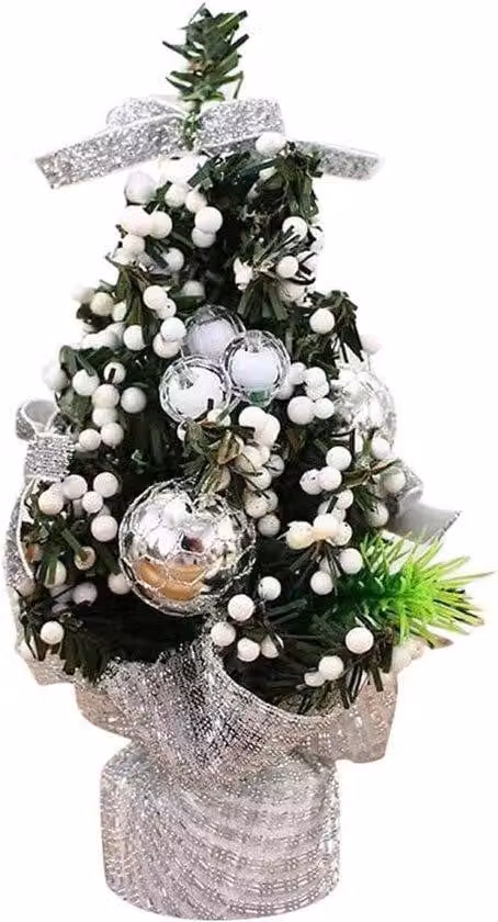 Set con mini albero di Natale da 20 cm con palline di vetro colorate e decorazioni floreali per la festa di Natale (argento)