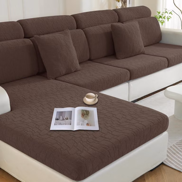 Copertura per cuscini da seduta, elasticizzata, a forma di L, per 2 poltrone e una chaise longue, colore beige chiaro