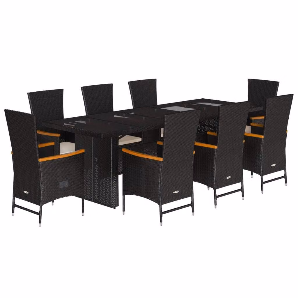 Set da Pranzo da Giardino 9 pz con Cuscini Nero in Polyrattan