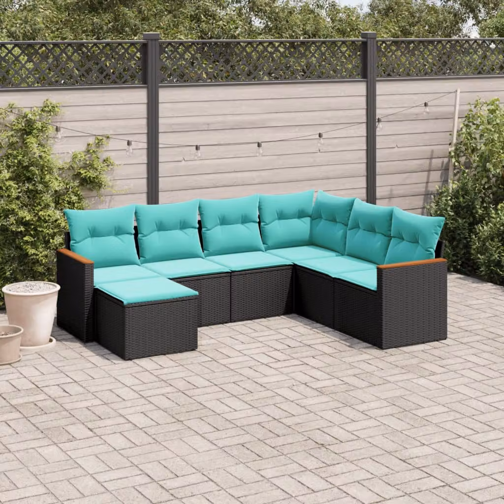 Set di divani da giardino vidaXL in 7 pezzi con cuscini, design moderno a forma di L in rattan e metallo nero con imbottitura e coperture rimovibili