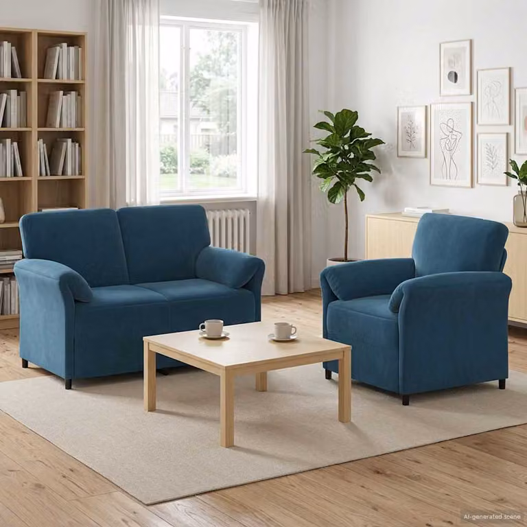 Set di 2 divani moderni vidaXL in velluto blu con struttura in metallo e cuscini inclusi