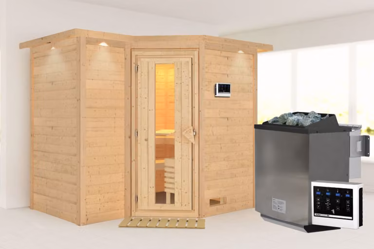 Cabina Karibu sauna interna Sahib Sauna interna 3 panche in legno con finitura naturale Cabina sauna Spessore parete: 40 mm Sauna a infrarossi
