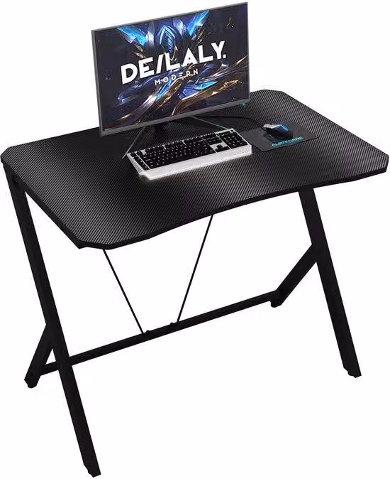 Ibenzoa®: Tavolo da gaming compatto da 90 cm, con finitura in fibra di carbonio, piano in legno da 1,5 cm, struttura a Y Acciaio al carbonio, vano porta cavi e supporto per tablet