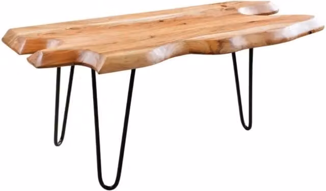 Tavolino basso RIVET in legno massiccio di acacia di forma organica e metallo nero - tavolo dal design industriale naturale