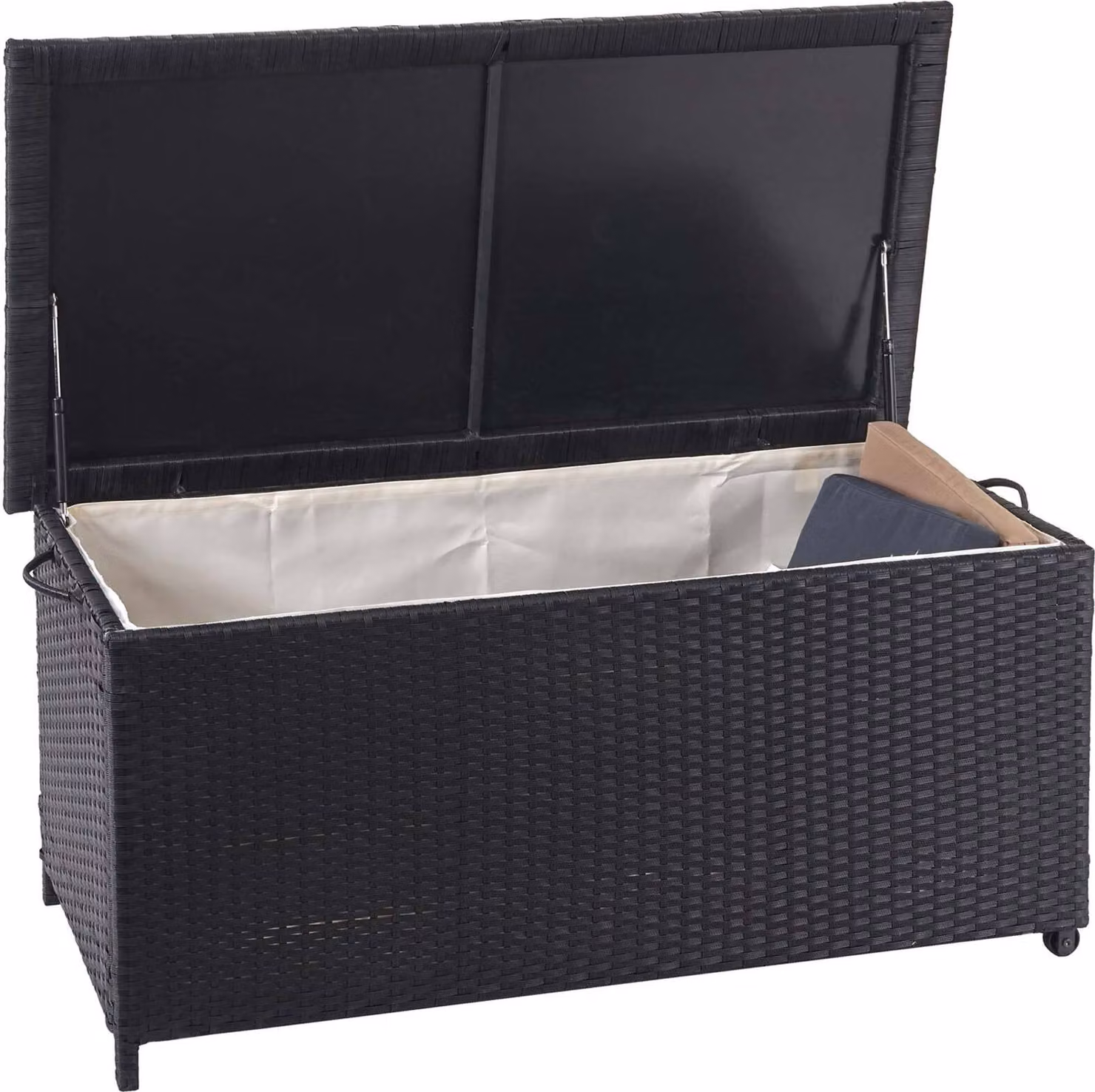 Cassetta per cuscini in poly-rattan HWC-D88, cassapanca per cuscini da giardino ~ Premium nero, 51x100x50cm 170l