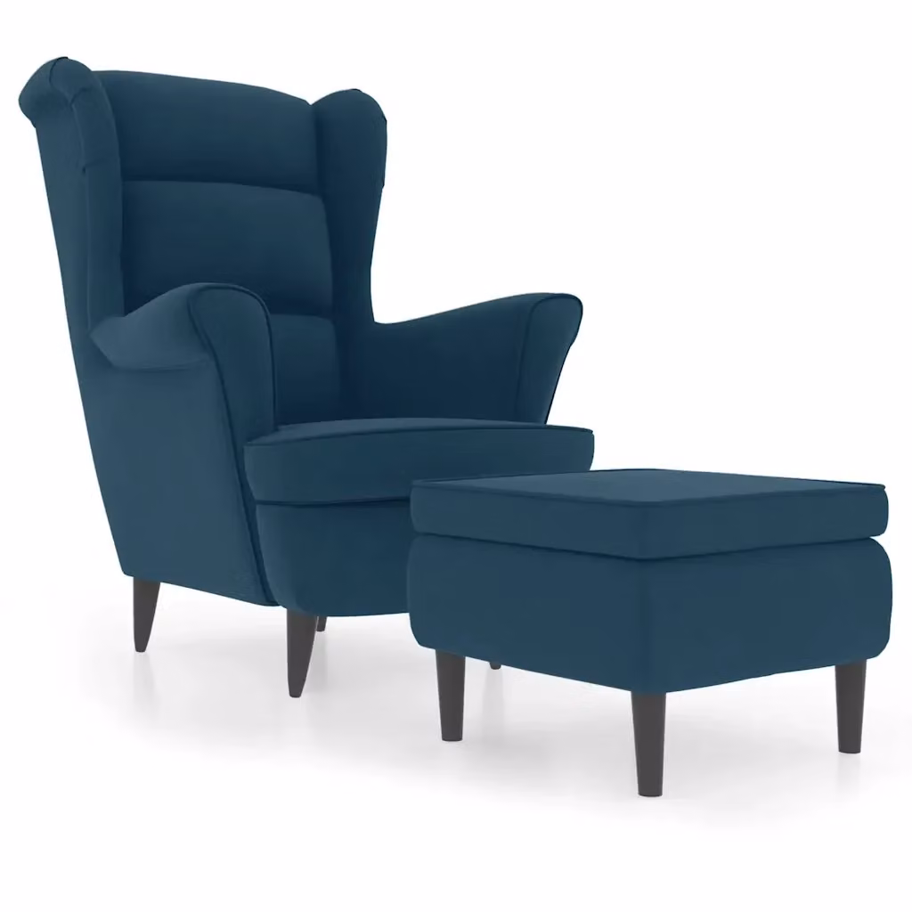 vidaXL Poltrona con Schienale ad Ala e Poggiapiedi in Velluto Blu con Struttura in Legno – 2