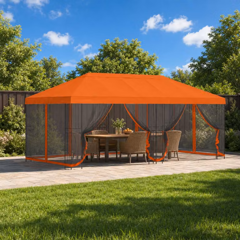 Gazebo vidaXL con pareti laterali in poliestere e struttura in acciaio zincato, Arancione e Nero, L: 600 cm x P: 300,5 cm x H: 276,5 cm