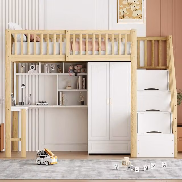Letto a soppalco singolo Modenuit bianco con armadio, tavolo, scaffale e scala con cassetti L/P/H: 200 x 90 x 240 cm
