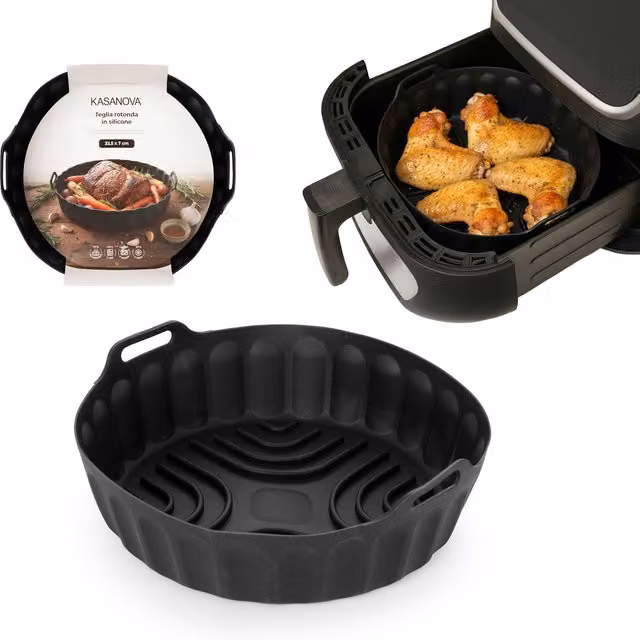Teglia tonda in silicone nera KASANOVA per friggitrice ad aria, Diametro: 22,5 cm