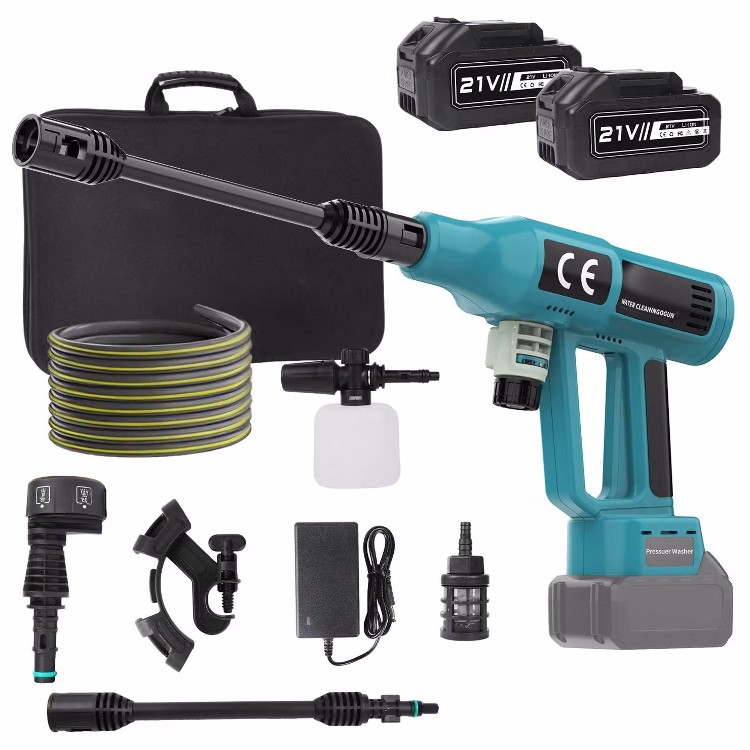 Idropulitrice per auto - Pistola multifunzione 6-in-1 - 6 ugelli - Portatile - Batteria inclusa - Blu