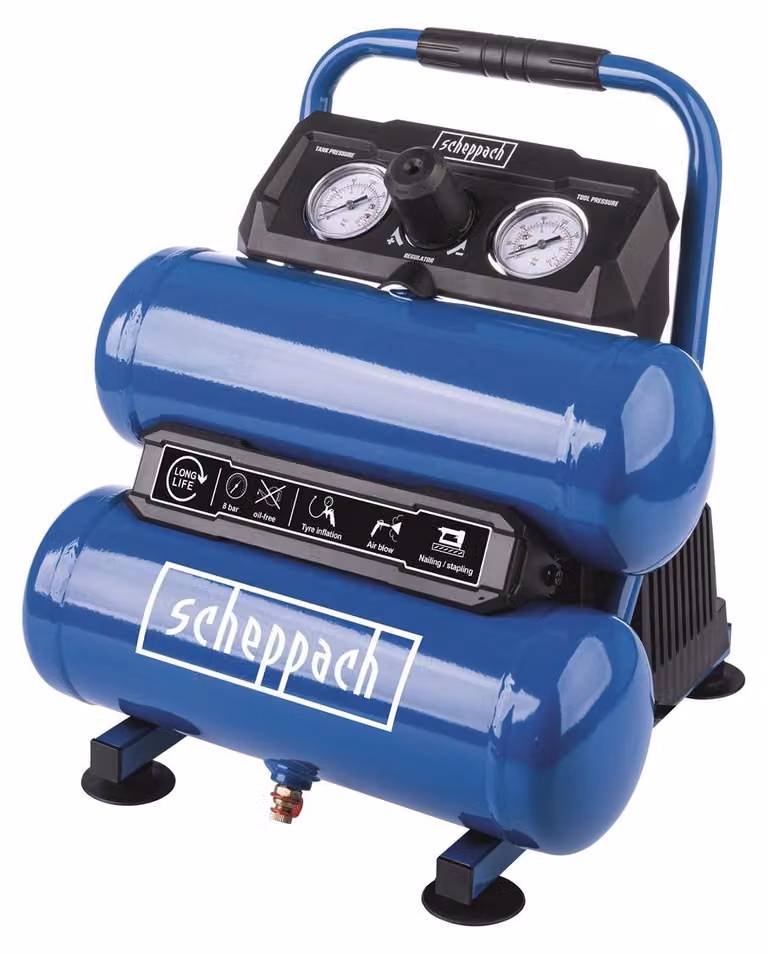 Compressore Scheppach HC10-Twin | Pressione di lavoro max. Pressione di esercizio 8 bar | Volume del serbatoio 7,5 L | Alimentazione 230 V | Capacità di aspirazione 50,4 L/min | Potenza motore 750 W