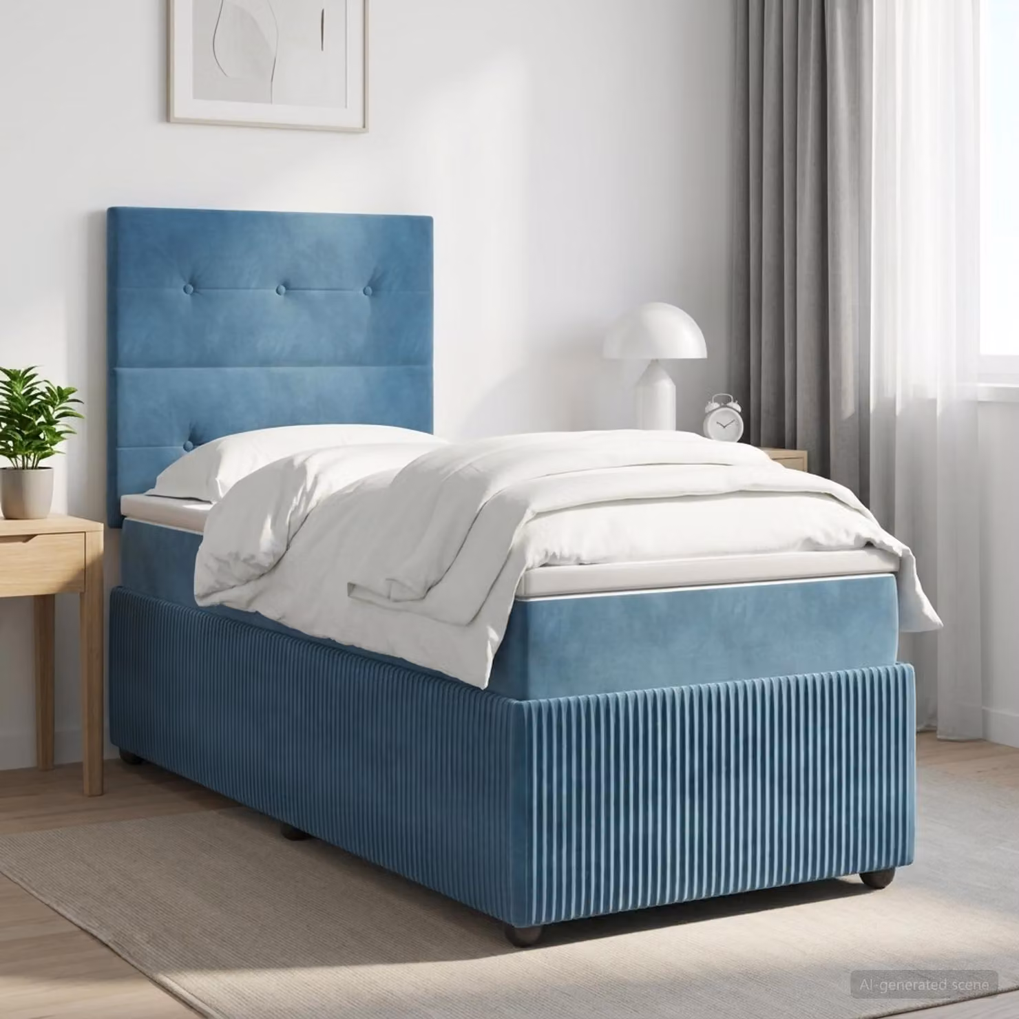 Letto a molle con materasso e testiera blu, 90 x 190 cm, rivestito in velluto