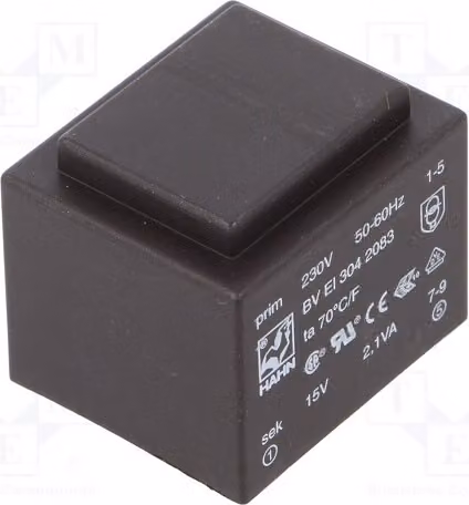 1 trasformatore: rivestito, 140 mA, 2,1 VA, 230 VAC, 15 V. Montaggio: BV EI 304 2083 -Tran
