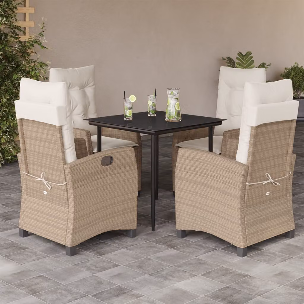 Set da Pranzo da Giardino vidaXL in Polyrattan con Cuscini Beige e Tavolo in Vetro per 5 Persone – 1