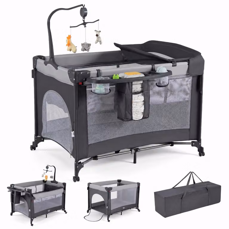 Costway Culla Co-sleeping Pieghevole 5 in 1 con Ruote per Neonato e Bambini 0-3 Anni, Lettino da Affiancare Portatile Nero