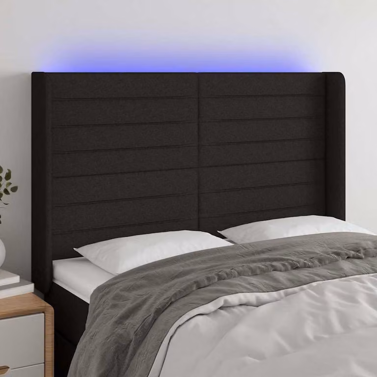vidaXL Testiera per Letto con LED e Porte USB in Tessuto Nero L: 147 cm, P: 16 cm, H: 118-128 cm