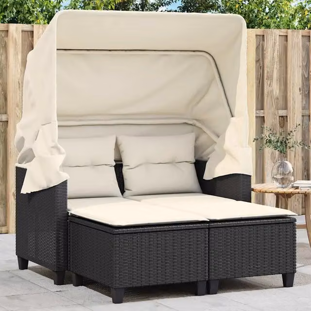Divano Giardino 2 Posti Baldacchino e Sgabelli Nero Polyrattan 365780