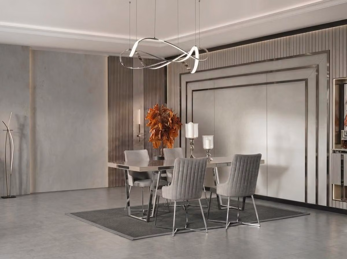 Tavolo da pranzo con 4 sedie, beige e grigio, design moderno, materiali: legno e metallo, ideale per la sala da pranzo