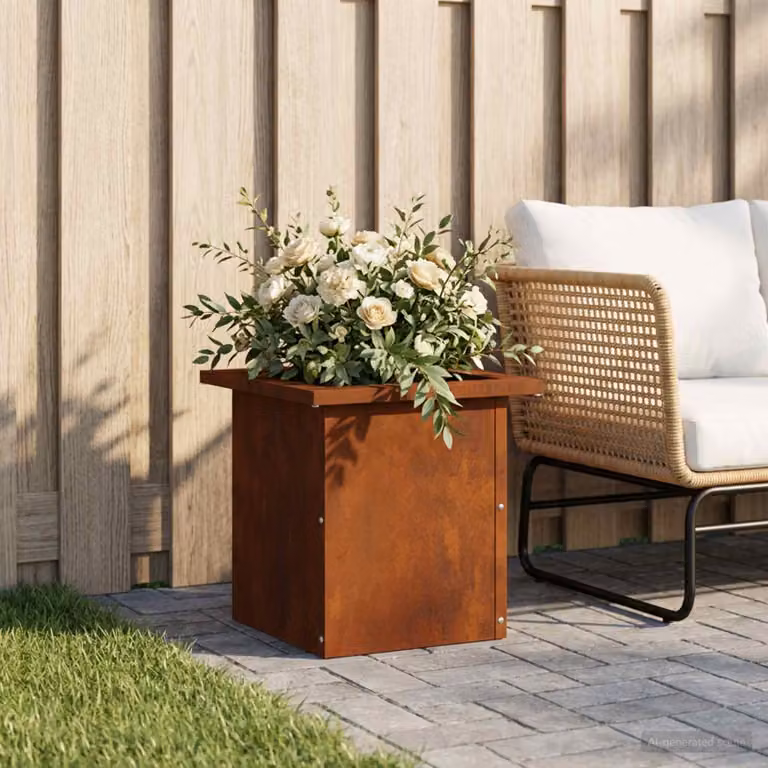 Fioriera da giardino con LED vidaXL in acciaio, colore marrone, L/P/H: 30 x 30 x 30 cm