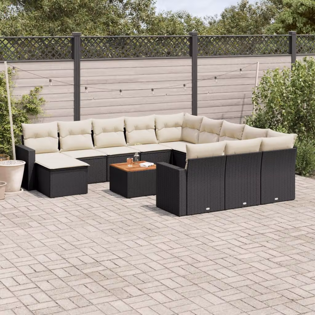 Set di divani da giardino vidaXL in polyrattan nero con cuscini e tavolino da esterno a forma di U – 1
