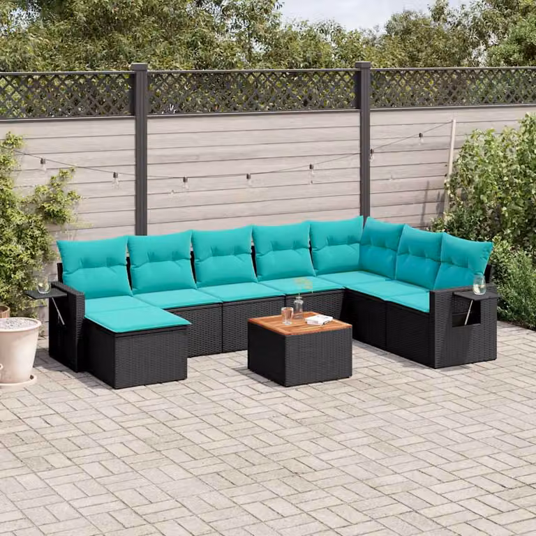 Set di divani da giardino vidaXL in polyrattan nero con 9 pezzi, inclusi cuscini e tavolino da esterno a forma di U