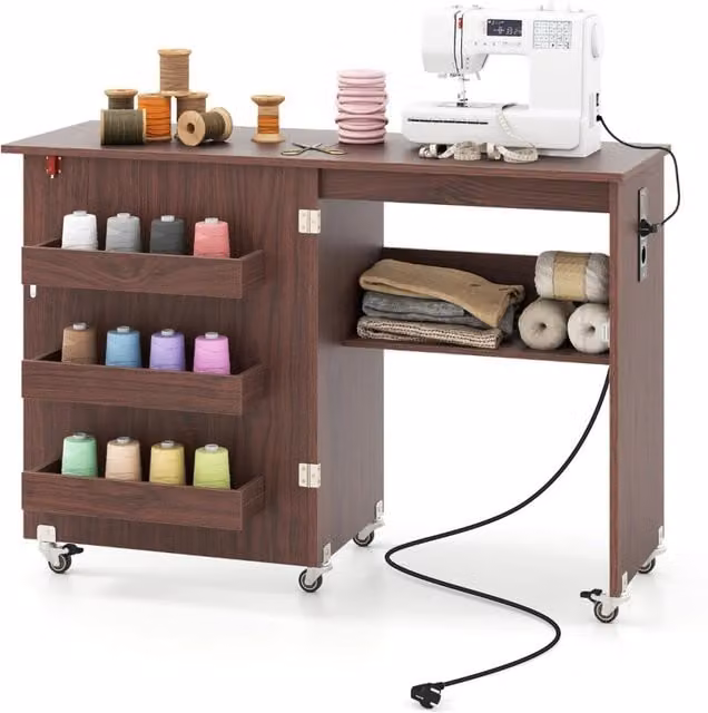 Tavolo da cucito pieghevole Design Mania con ripiano e contenitori, mobiletto di stoccaggio multifunzionale su ruote con blocco, Marrone – 1