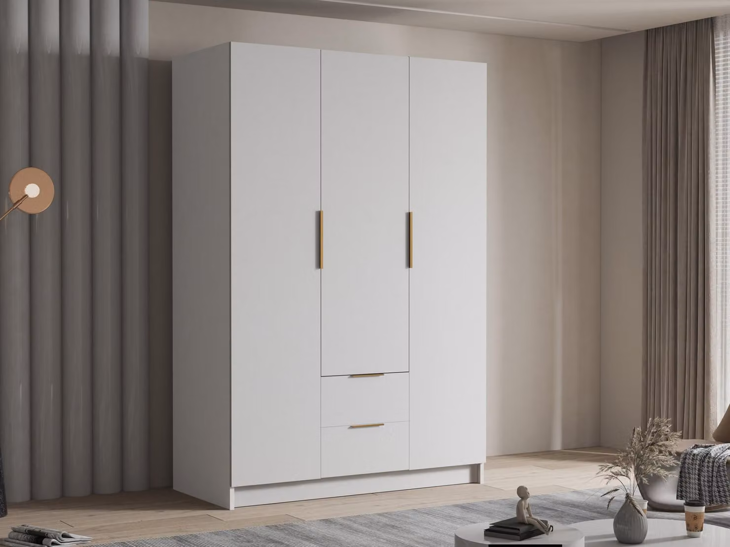 MIRJAN24 Armadio Calwi I 150, camera da letto, armadio ad ante battenti, con appendiabiti, moderno, guardaroba, maniglie in metallo (colore: bianco + oro)