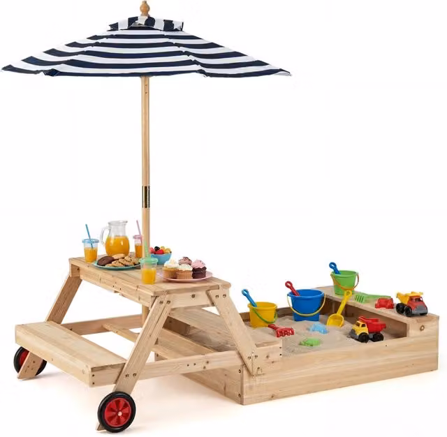 3 in 1 Sabbiera in legno con panche ombrellone rimovibile e regolabile e ruote, Tavolo da picnic per bambini trasformabile