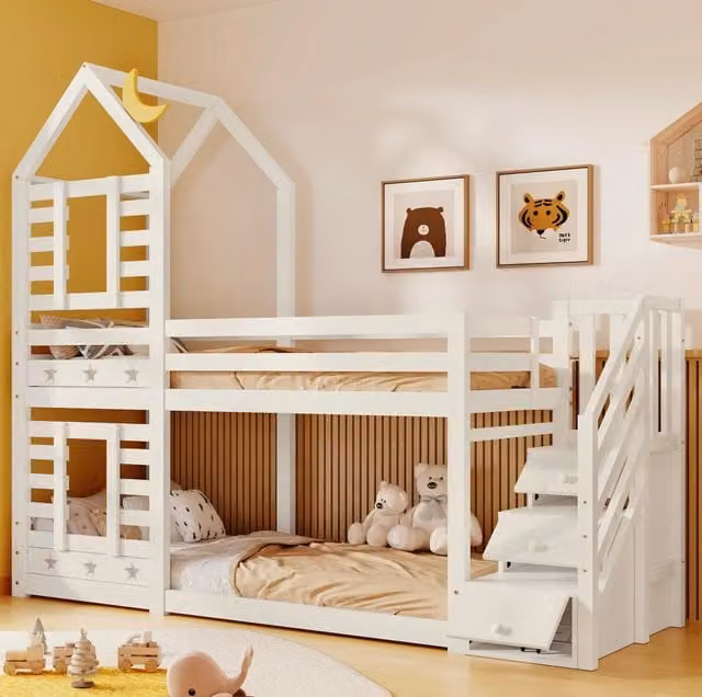 Letto a castello a casetta con scala contenitore e cassetti; 90x200 cm in legno bianco