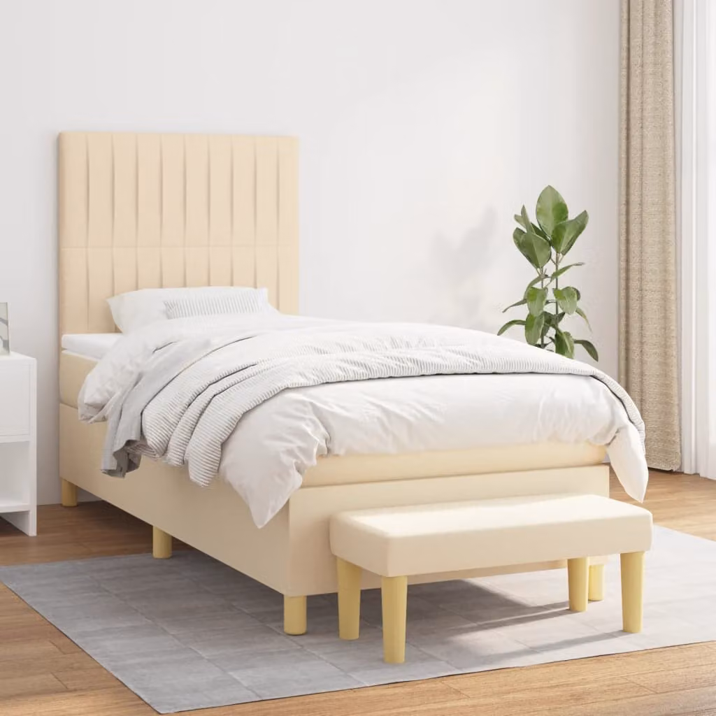 vidaXL Giroletto a Molle Ibrido con Materasso in Tessuto Beige e Bianco L/P/H: 190 x 90 x 128 cm