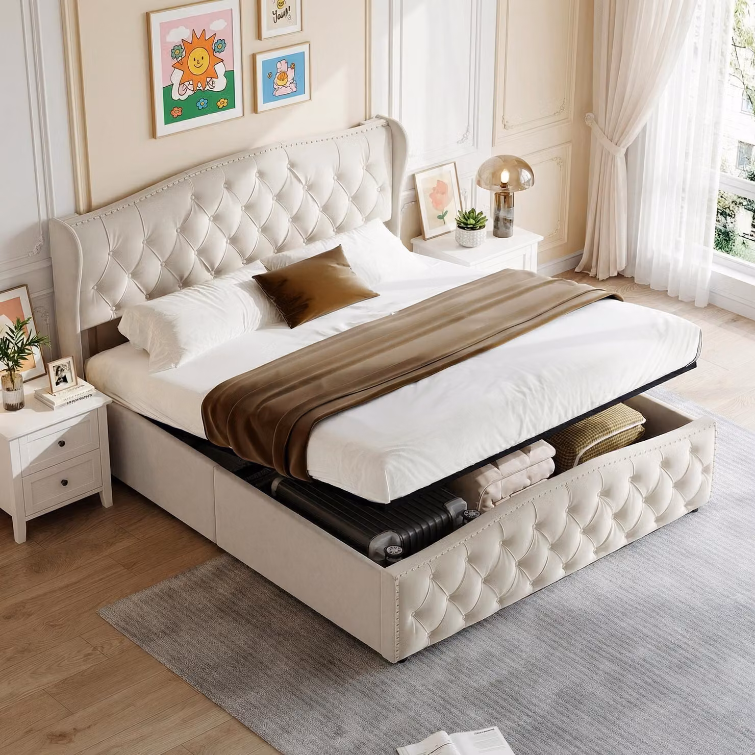 Letto imbottito INONEFT 160x200 cm con sistema di sollevamento idraulico e contenitore, struttura per letto a molle con cassettone, letto matrimoniale per ragazzi con rete a doghe, tessuto velluto color beige