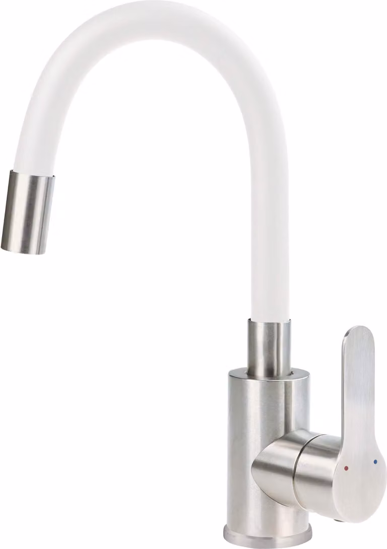 Washbasin mixer with curved spout