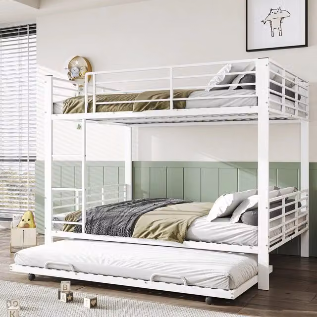Letto a castello per 3 persone 140 × 200 cm con letto estraibile, senza materasso, metallo bianco opaco