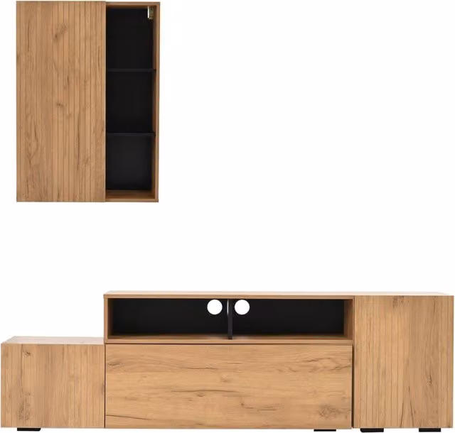 Mobile porta TV e parete attrezzata in truciolato colore legno e nero, regolabile da 174 a 265 cm, con 4 ante e 2 cassetti aperti