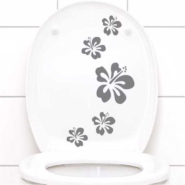 Adesivi per copriwater a forma di fiori di ibisco, set da 5 pezzi, color grigio medio, autoadesivi, per bagno