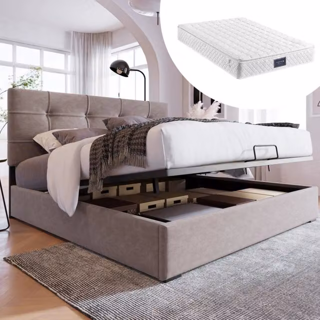 Letto contenitore 140x200 in velluto con testiera regolabile; grigio chiaro