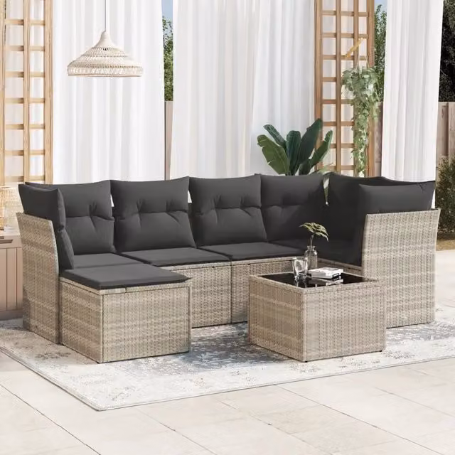 Set Divani da Giardino 7pz con Cuscini Grigio Chiaro Polyrattan 3249801