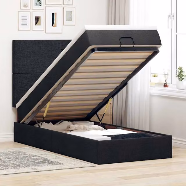 Letto con contenitore a sollevamento e materasso vidaXL in tessuto nero e bianco L: 100 cm, P: 200 cm, H: 203 cm – 1