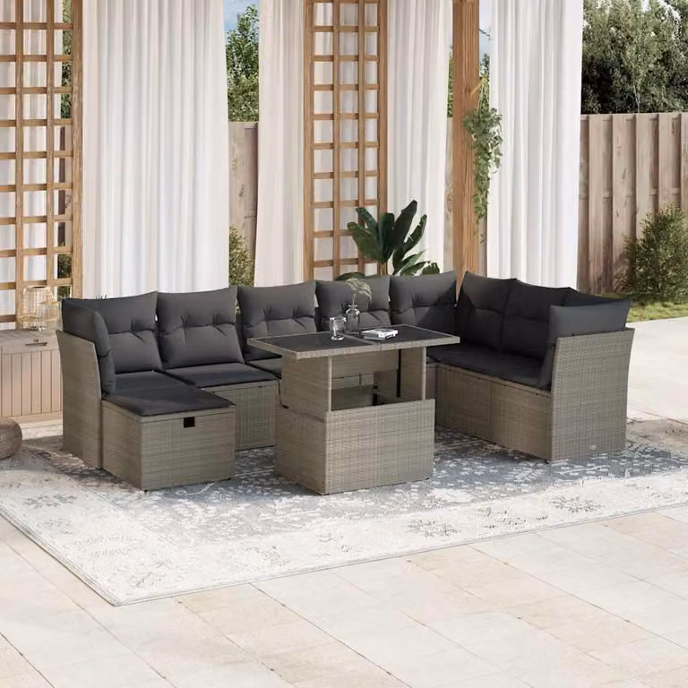vidaXL Set Divano da Giardino a L in Polyrattan Grigio con Cuscini e Tavolino da Esterno 9pz