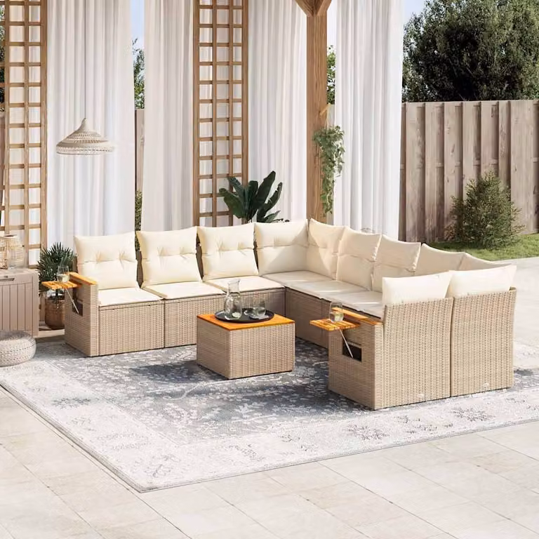 vidaXL Set Divano da Giardino a L in Polyrattan con Cuscini Beige e Ottoman, 9 Pezzi