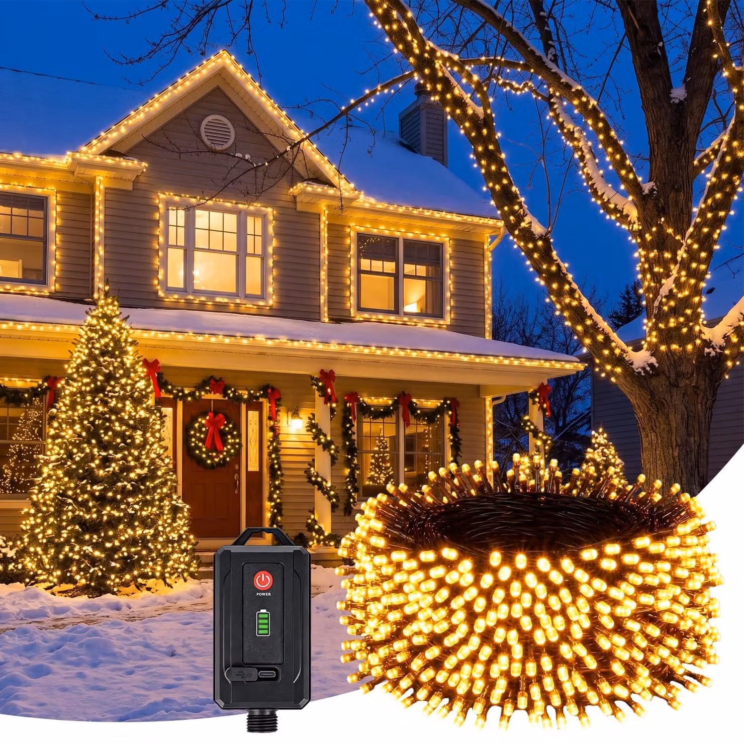 Catena luminosa a LED, 30 metri, 300 LED, luce bianco caldo, alimentazione a batteria, con timer
