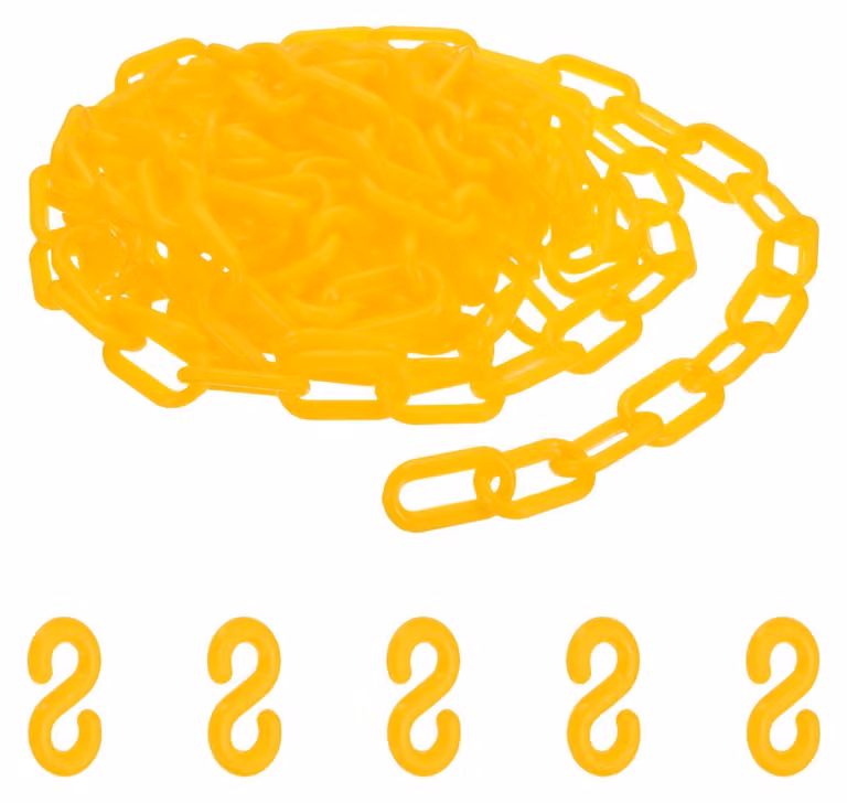 Catena in plastica gialla, lunghezza 5 metri, dimensioni 35x5 mm, con 5 ganci a S