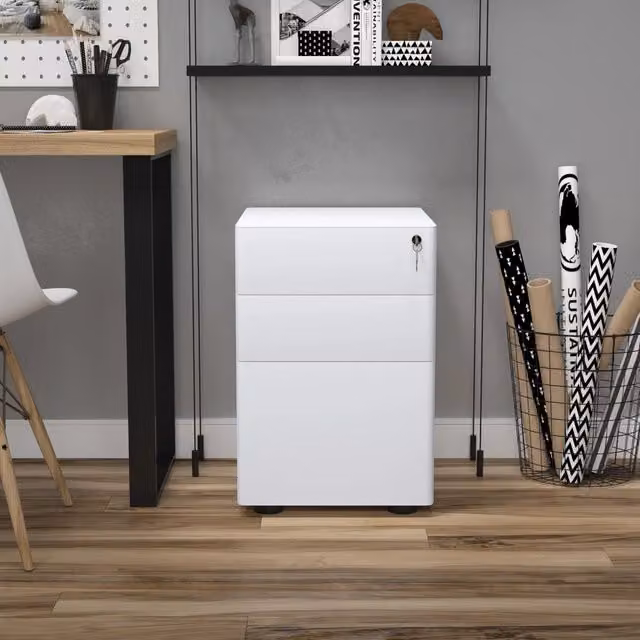 Cassettiera portadocumenti mobile REDOM in acciaio bianco con serratura e ruote L: 39 cm, P: 48 cm, H: 59 cm