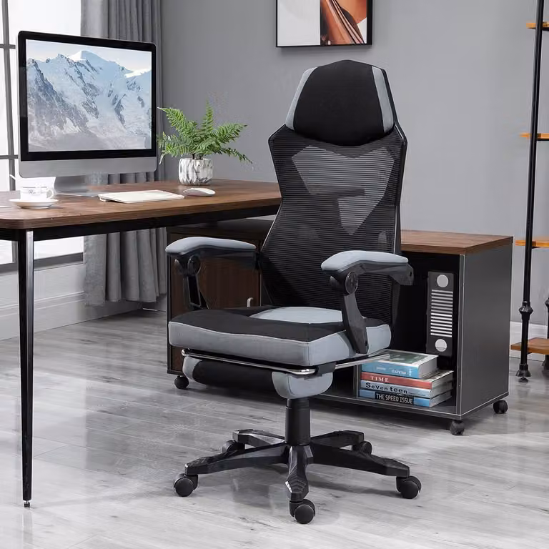 Sedia da ufficio ergonomica e sedia da gaming, regolabili in altezza, con rivestimento in rete e poggiapiedi