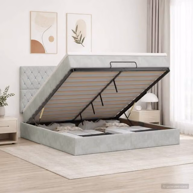 Letto ottomano moderno vidaXL in velluto grigio e bianco con base a sollevamento e materasso ibrido L/P/H: 140 x 200 x 88 cm