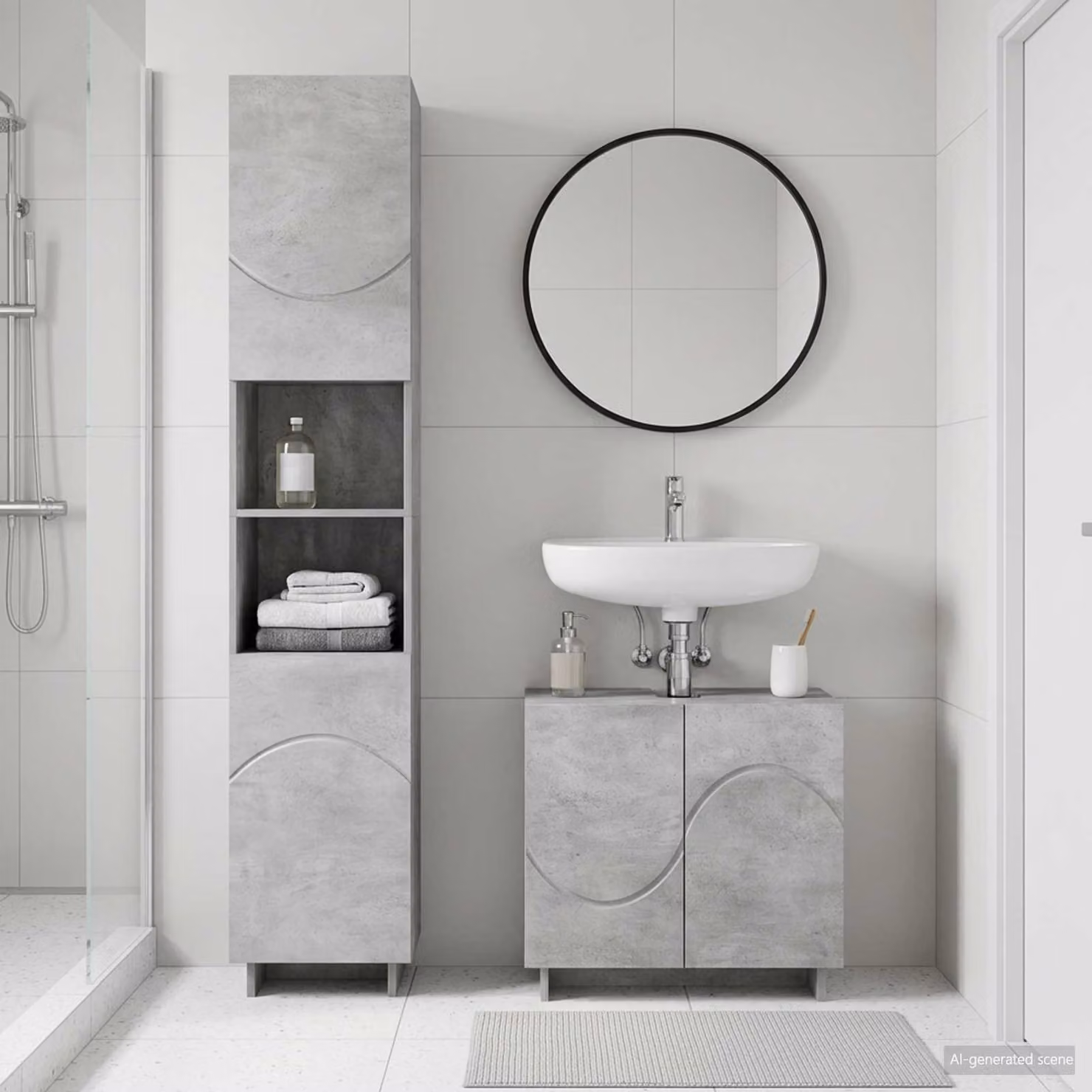 Set di mobili da bagno moderno vidaXL composto da mobile sottolavabo e colonna alta in MDF grigio opaco L/P/H: 60,0 x 41,0 x 82,0 cm e 41,47 x 30,0 x 120,0 cm